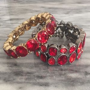 Red CZ Gold and Hematite Arm Party Bracelet Set